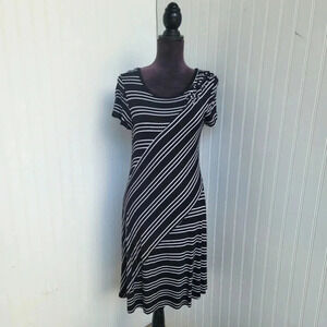 Spense Black White Striped Shirt Knee Length Dress Short Sleeve Lace Up Detail M